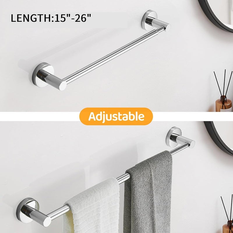 BESy Adjustable 15 to 26 Inch Single Bath Towel Bar Rack for Bathroom Accessories SUS304 Stainless Steel Towel Holder, Wall Mount with Screws Hand Towel Bar Rod Hotel Style, Polished Chrome - Image 2